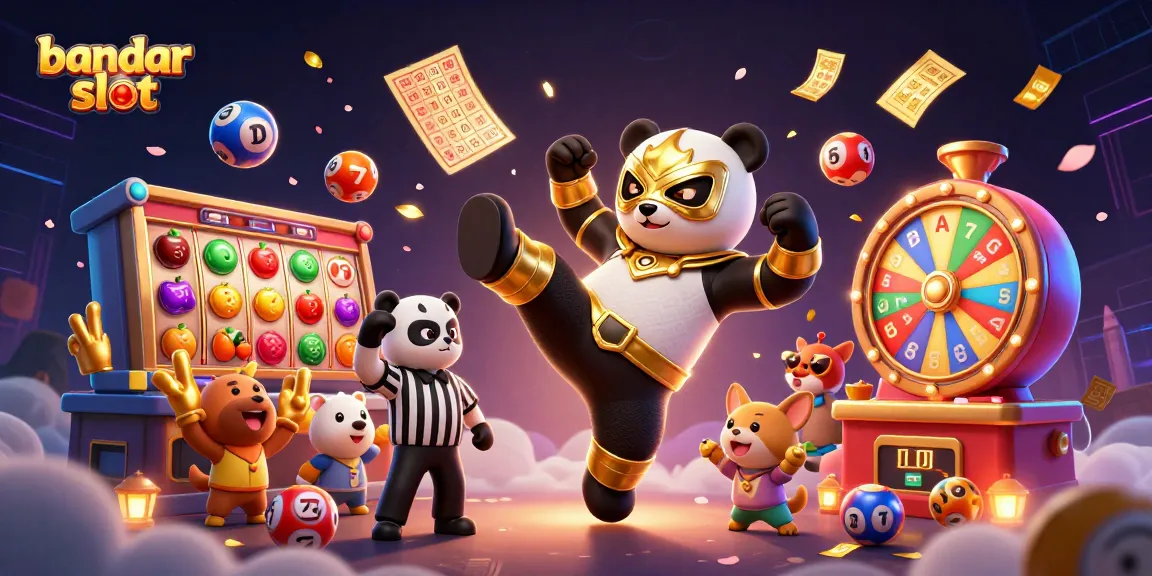 Engage with the vibrant scene of bandar slot as a wrestler panda performs amidst dynamic slot reels and cheering animal spectators.