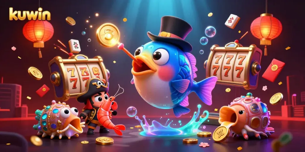 Kuwin engages players with vibrant animated casino undersea characters showcasing slots and treasures.