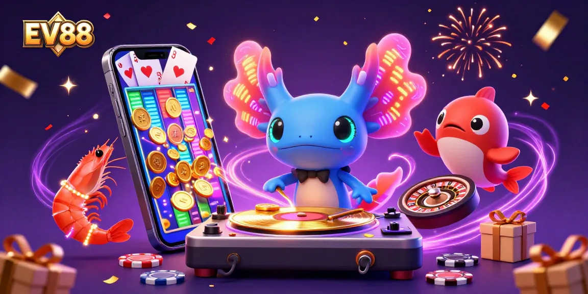 Experience the excitement of EV88 as a neon axolotl DJ spins winning slots amid dancing sea creatures.