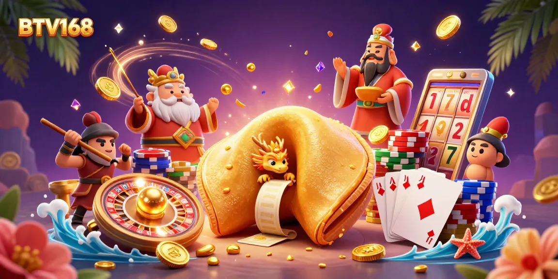 Experience BTV168 with a vibrant casino scene featuring fortune cookie characters and dynamic gaming elements.