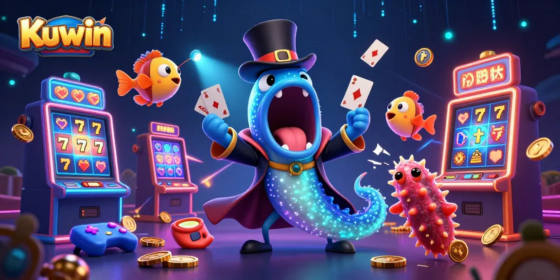 Kuwin showcases a vibrant 3D casino scene with a bioluminescent eel performing card tricks and slot machines glowing with action.