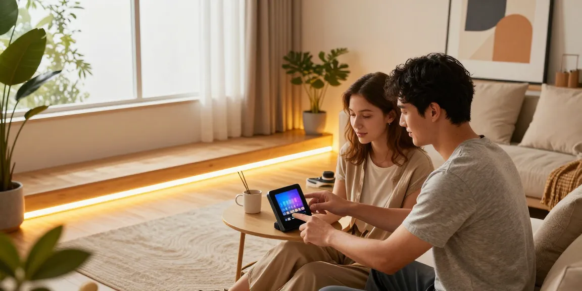 Benzi LED colorate într-un living modern, iluminând atmosfera cozy a unui cuplu tânăr.