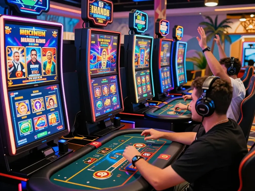 Engaged players enjoying MM88 online casino games in a vibrant digital setting.