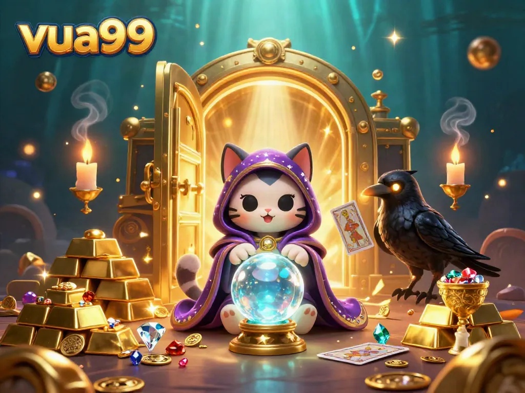 Experience robust gameplay elements at vua99 with a mystic cat and glowing tarot raven.