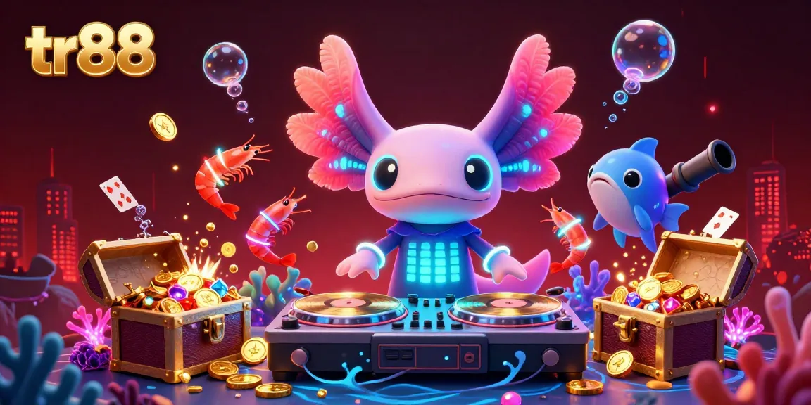 Interactively engaging scene showcasing tr88 with neon axolotl DJ, glowing treasures, and vibrant underwater casino elements.