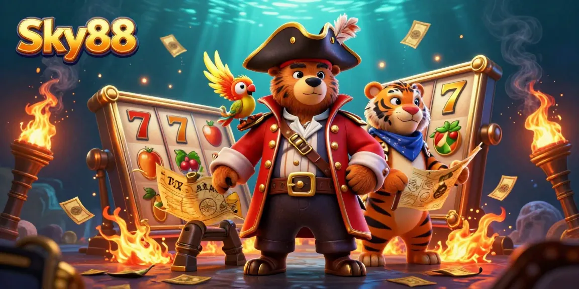 Engage in thrilling slot adventures at Sky88 with dynamic cartoon characters amidst vibrant gambling elements.