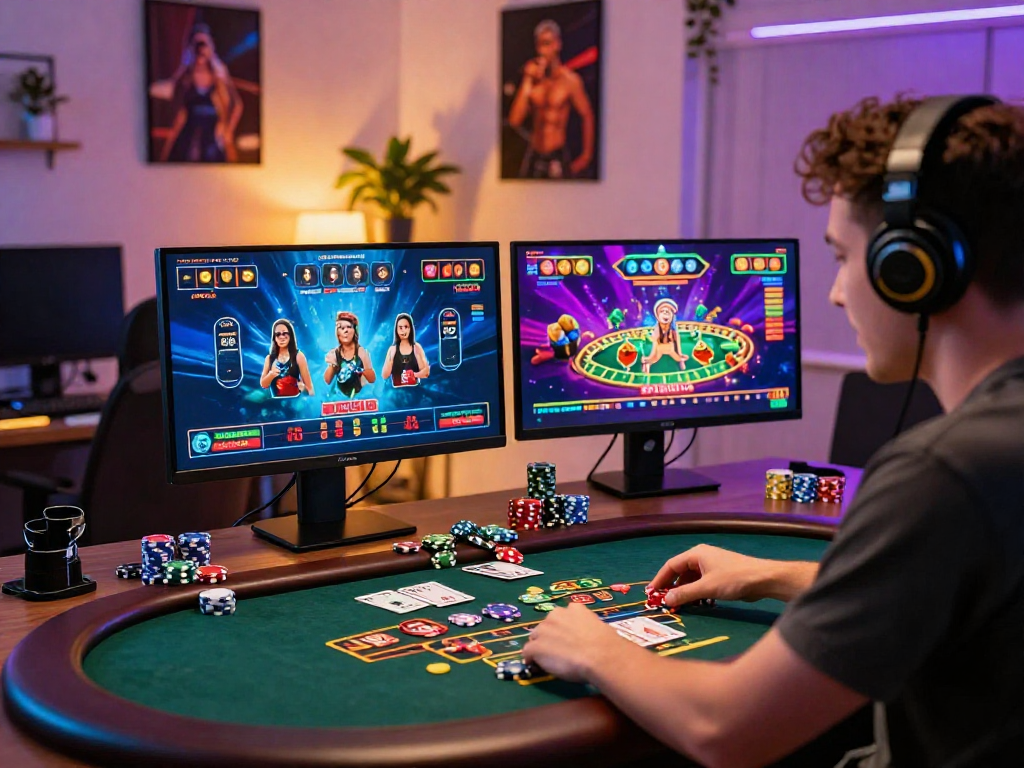 Un giocatore in un'atmosfera accogliente, impegnato in casino sicuri non AAMS, con giochi da tavolo e grafica vibrante.
