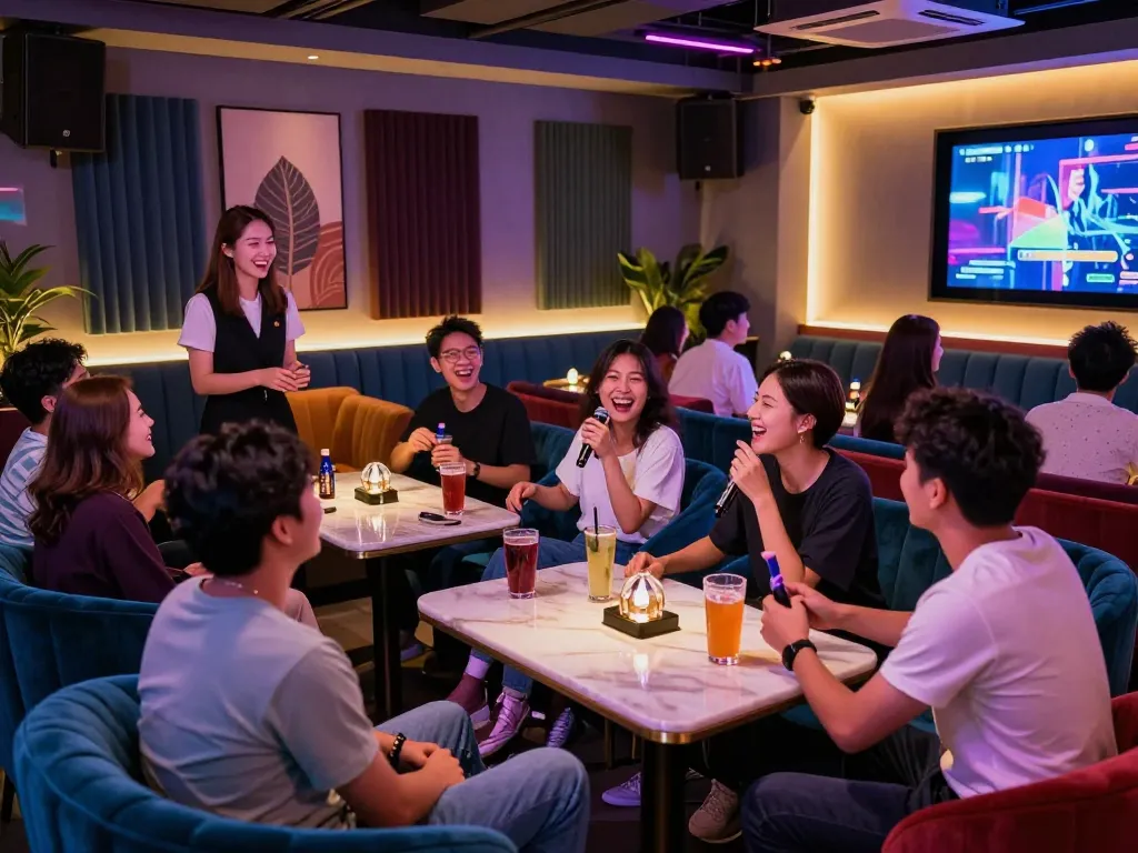 손님들이 3no.org/bupyeong에서 활기찬 나이트라이프를 즐기며, 세심한 관리와 스타일리시한 인테리어가 돋보이는 카라오케 룸 살롱 경험을 보여줍니다.