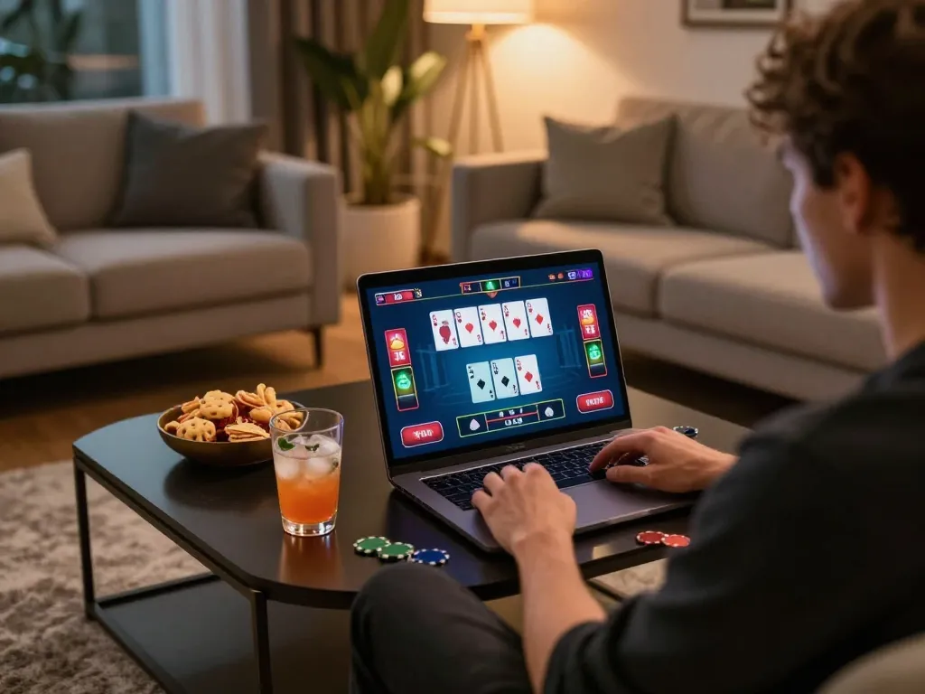 XIN88 player engaged in online poker from a stylish living room setup.