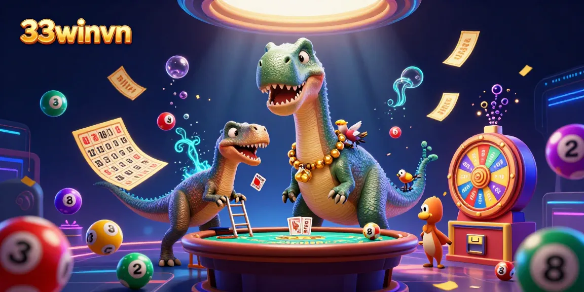 Engage with a vibrant 33winvn casino scene featuring a brontosaurus and raptor dealing cards.