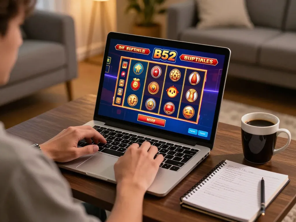 Player enjoying B52 online gaming session with strategies visible on coffee table