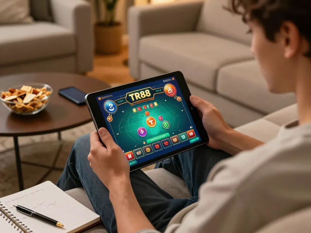 Player engaging with TR88 đăng nhập on a tablet in a cozy setting, illustrating responsible gaming.