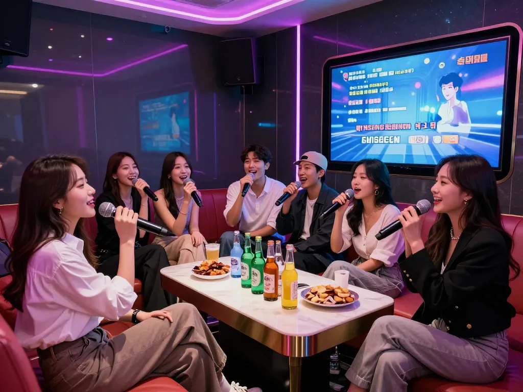강남가라오케의 활기찬 노래방에서 프리미엄 음료를 즐기며 노래하는 젊은 직장인들.