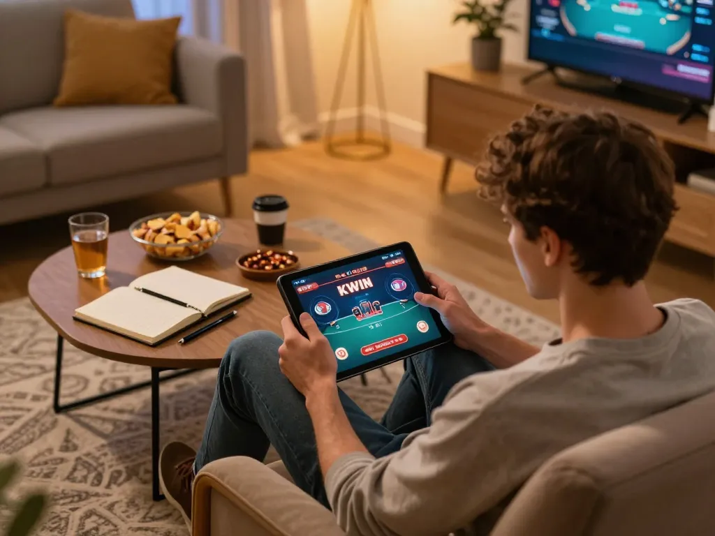 KWIN virtual casino scene with player using tablet while enjoying a cozy gaming atmosphere at home.