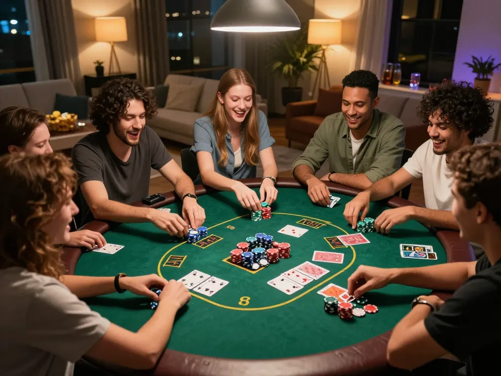 Friends enjoying a thrilling poker night at home, showcasing jus77 strategy and excitement