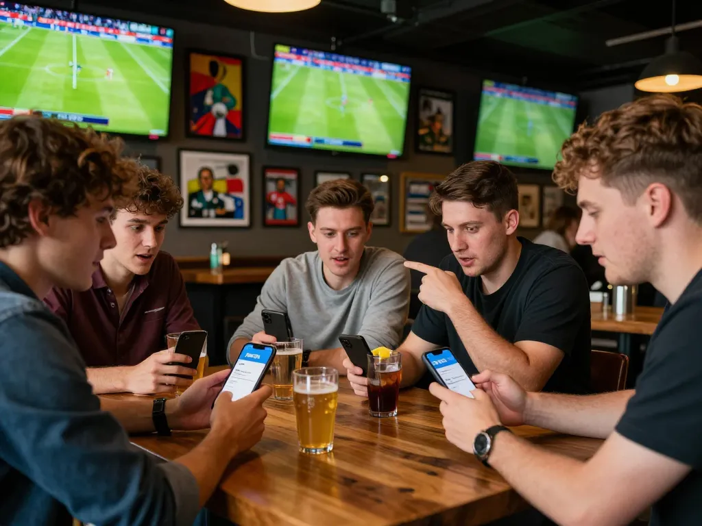 Friends engaging in sports betting conversation using the 7m-7m app while enjoying live match updates in a vibrant setting