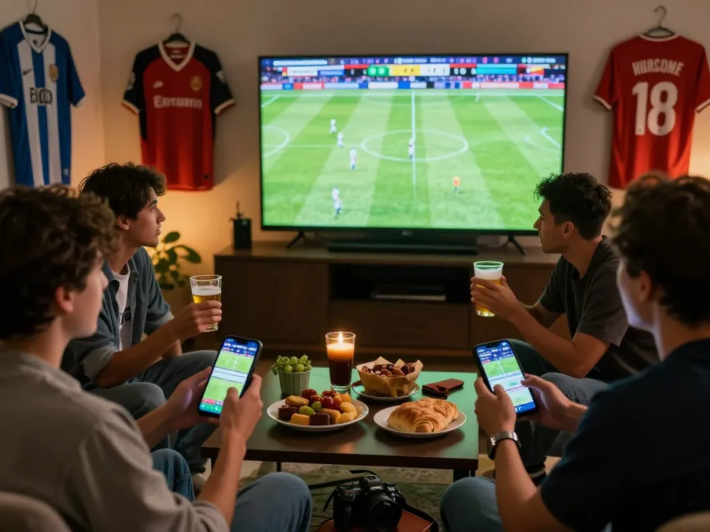 Kèo nhà cái TV enthusiasts analyzing live betting odds while watching a football match with friends.