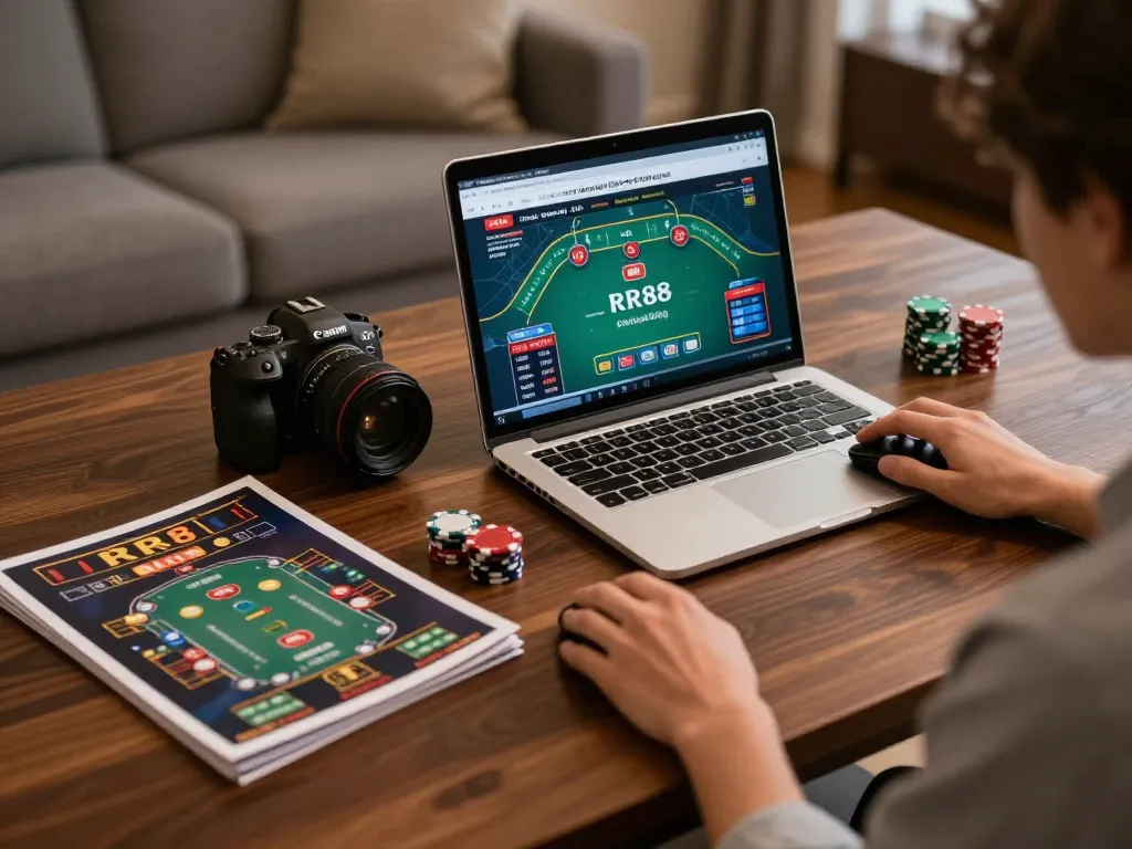 RR88 gambler strategizing bets while enjoying a comfortable home gaming setup.