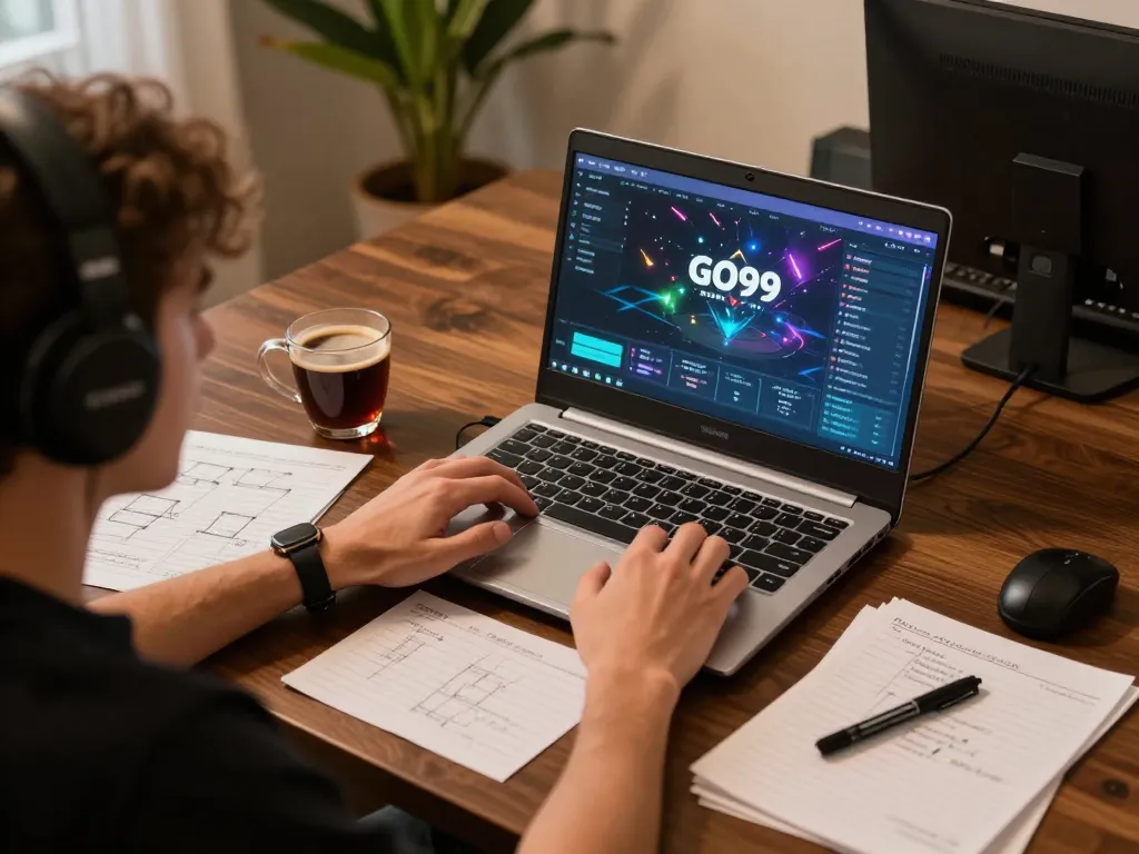 Engaging player utilizing a GO99 online gaming platform, highlighting strategic focus and immersive experience.