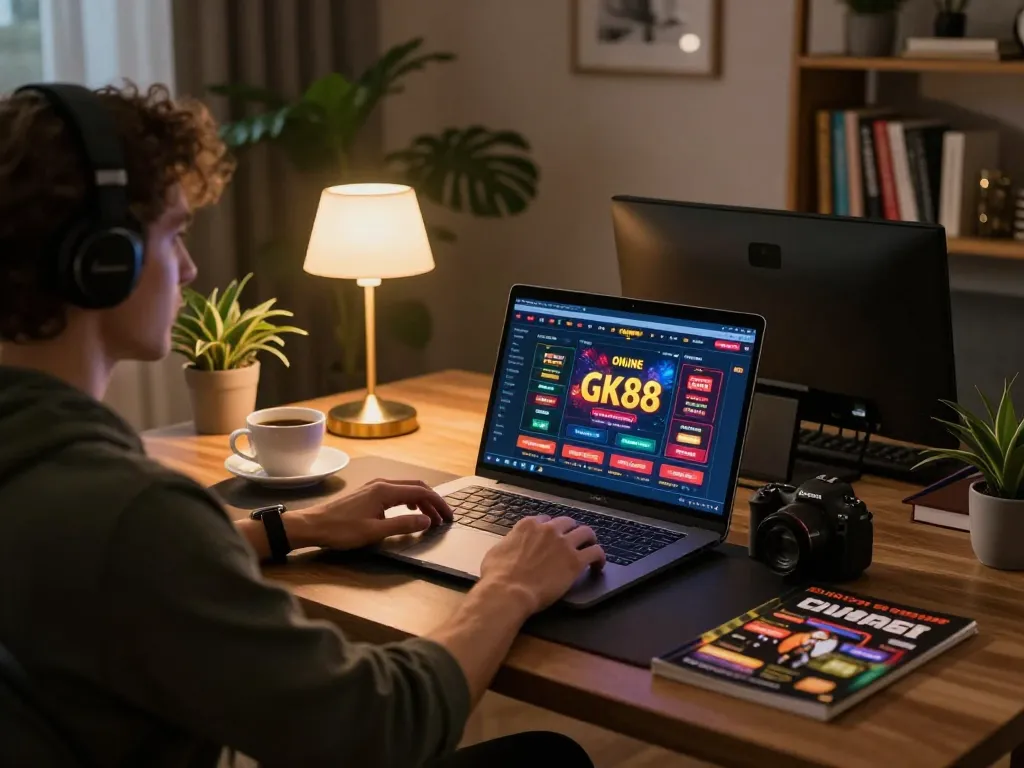 Gambling enthusiast engaging with GK88 online casino platform on a sleek laptop.
