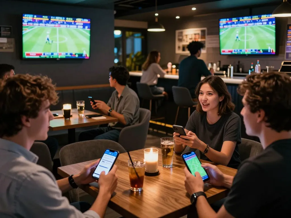 Excited bettors engaging with keo nha cai odds on smartphone in a lively sports lounge.