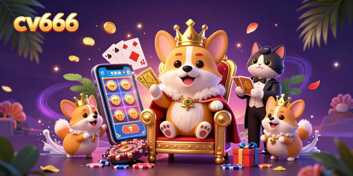 Experience the excitement of cv666 with a dynamic 3D illustration featuring a royal corgi and casino games.