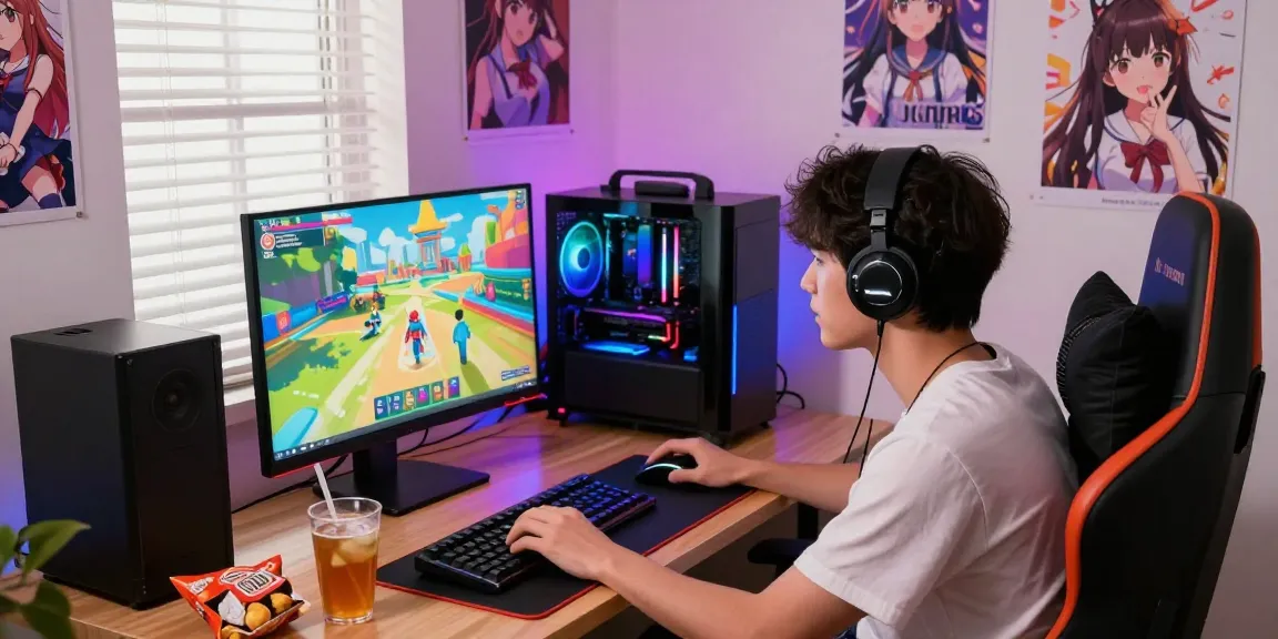 Engaged player enjoying a hentaigame on a vibrant gaming setup with RGB lights.