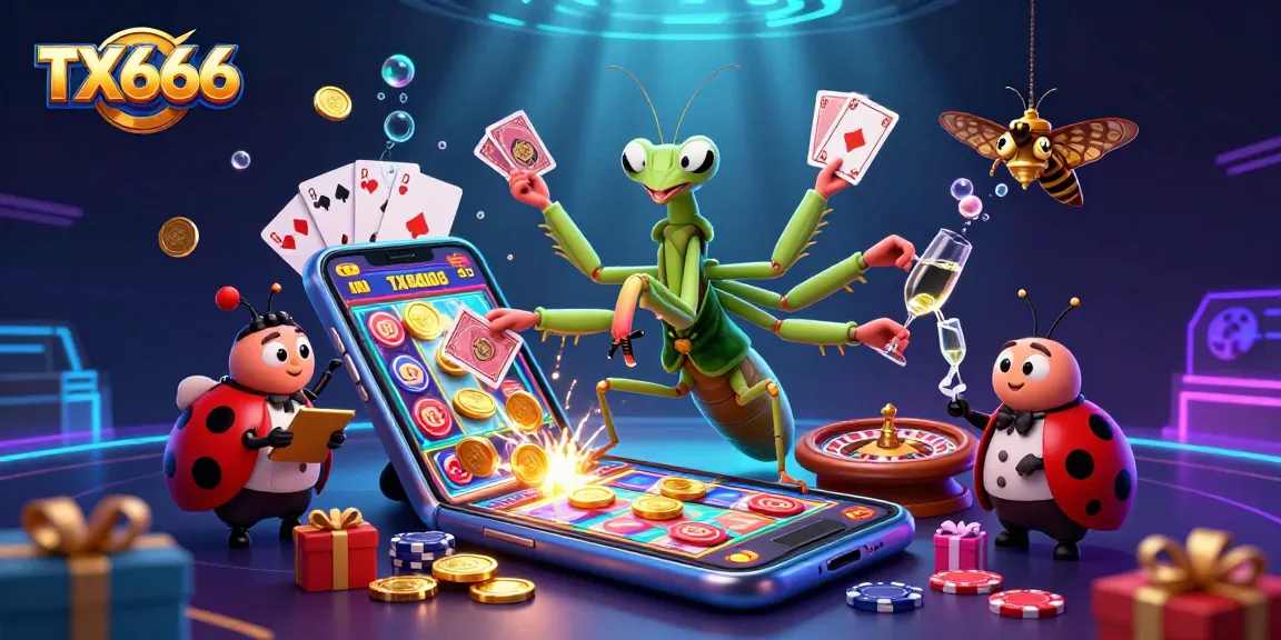 TX666 3D illustration with a giant mantis dealer, ladybug pit boss, and casino game elements.
