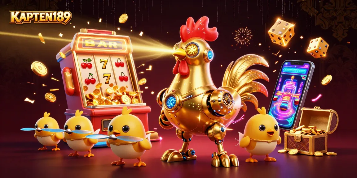 Menangkan jackpot menarik di KAPTEN189 dengan robot ayam emas dan simbol slot yang meledak.