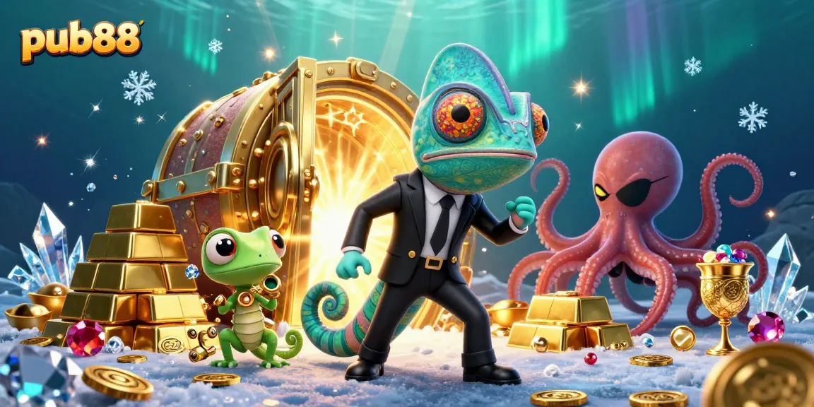 Experience thrilling excitement at pub88 with colorful chameleon and inventive gecko surrounded by treasures.