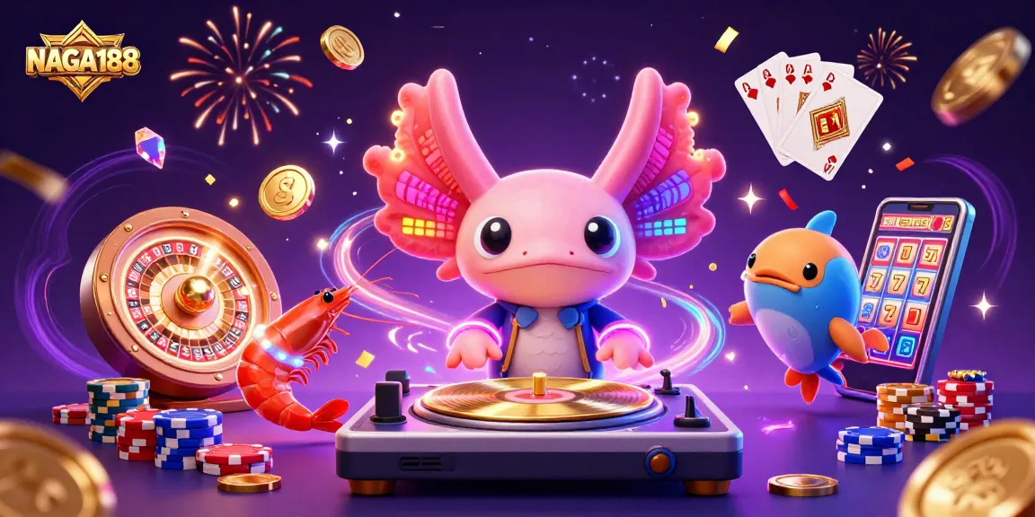 NAGA188 menghadirkan momen seru dengan DJ axolotl neon yang memutar rekaman di kasino bawah laut.
