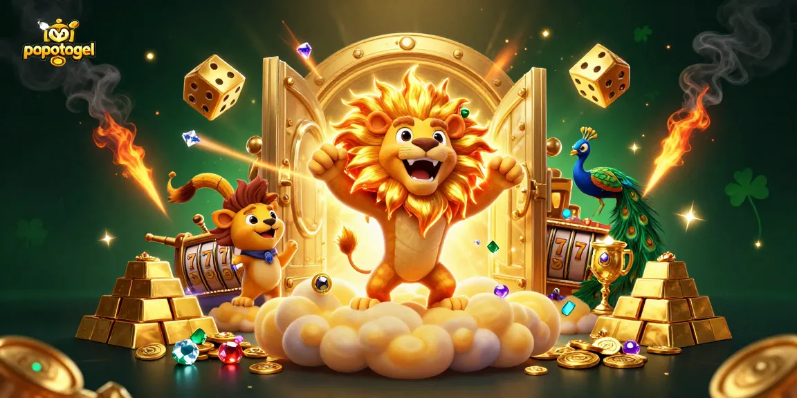 Engage with popotogel by spinning slot reels in this vibrant casino illustration showcasing golden elements.
