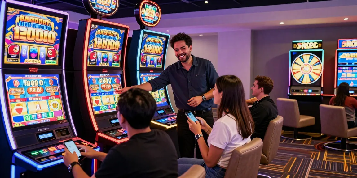 Exciting GARUDA303 slot deposit 1000 gaming scene with players and dealer in vibrant online casino.