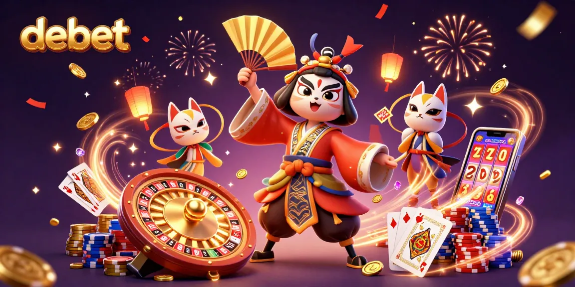 Experience winning with debet through vibrant casino characters amidst flowing treasures.