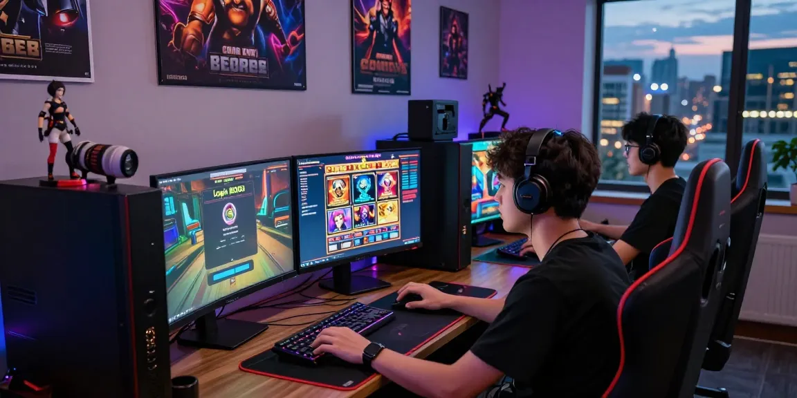 Pengguna Login BOS88 sedang bermain game slot di PC gaming dengan suasana kota di malam hari.