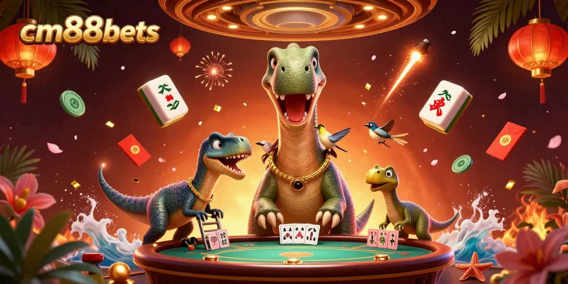 Engage with cm88bets at a lively casino scene featuring whimsical dinosaurs and vibrant game elements.