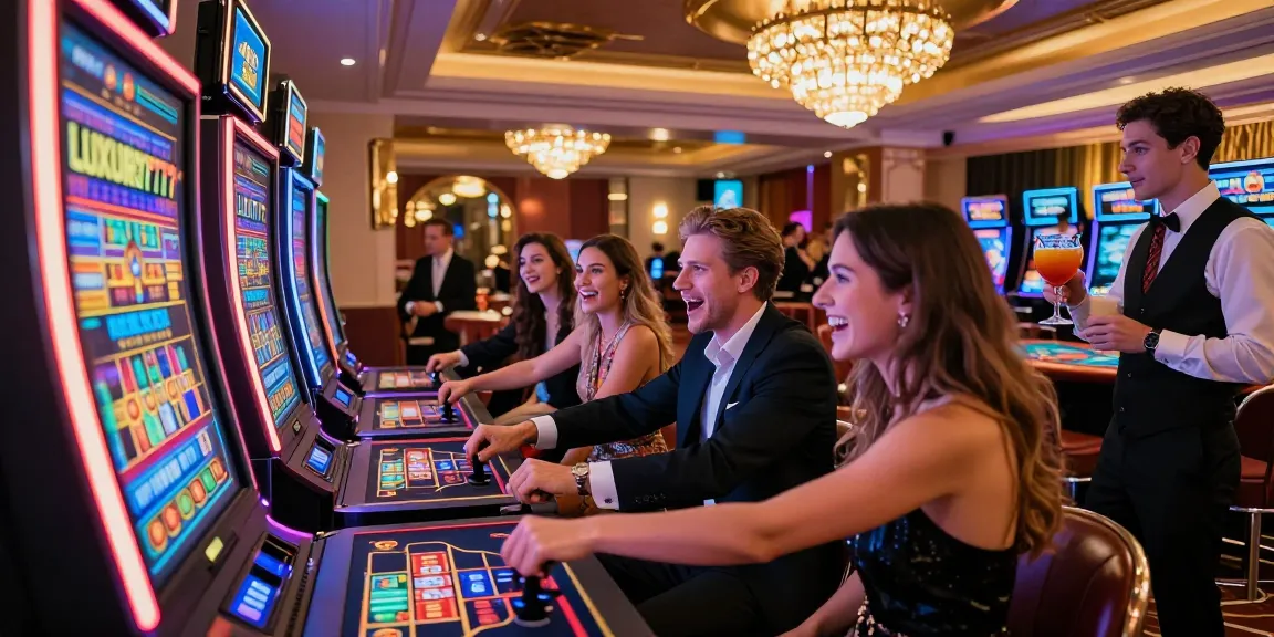 Permainan slot LUXURY777 di kasino mewah, suasana meriah dengan teman-teman dan minuman berwarna-warni.