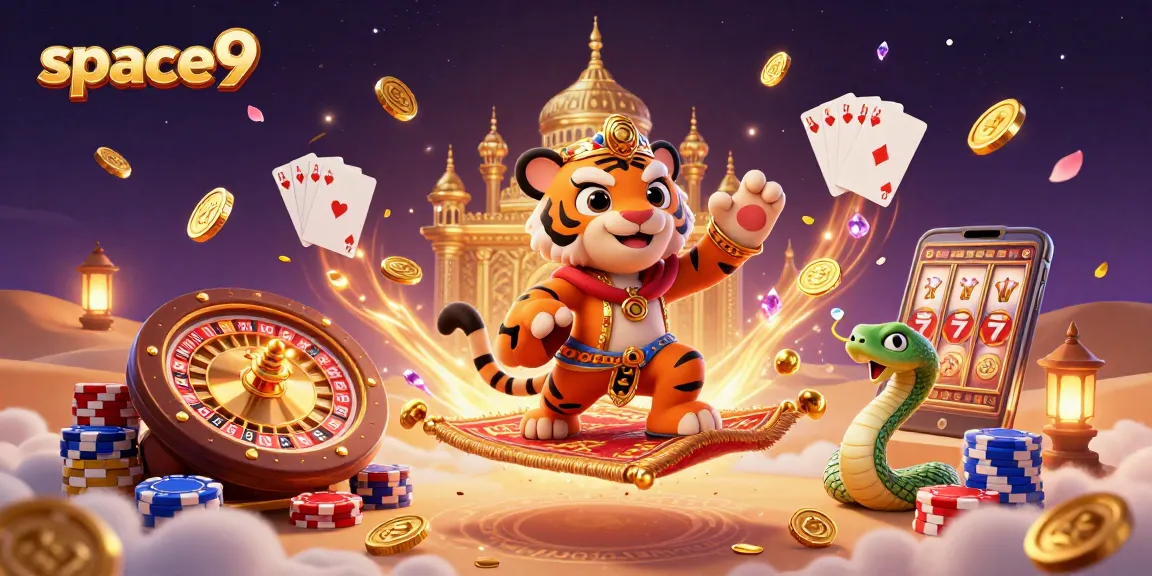Engage with space9 Casino's vibrant gamescape, featuring an Arabian-themed adventure amidst golden treasures.