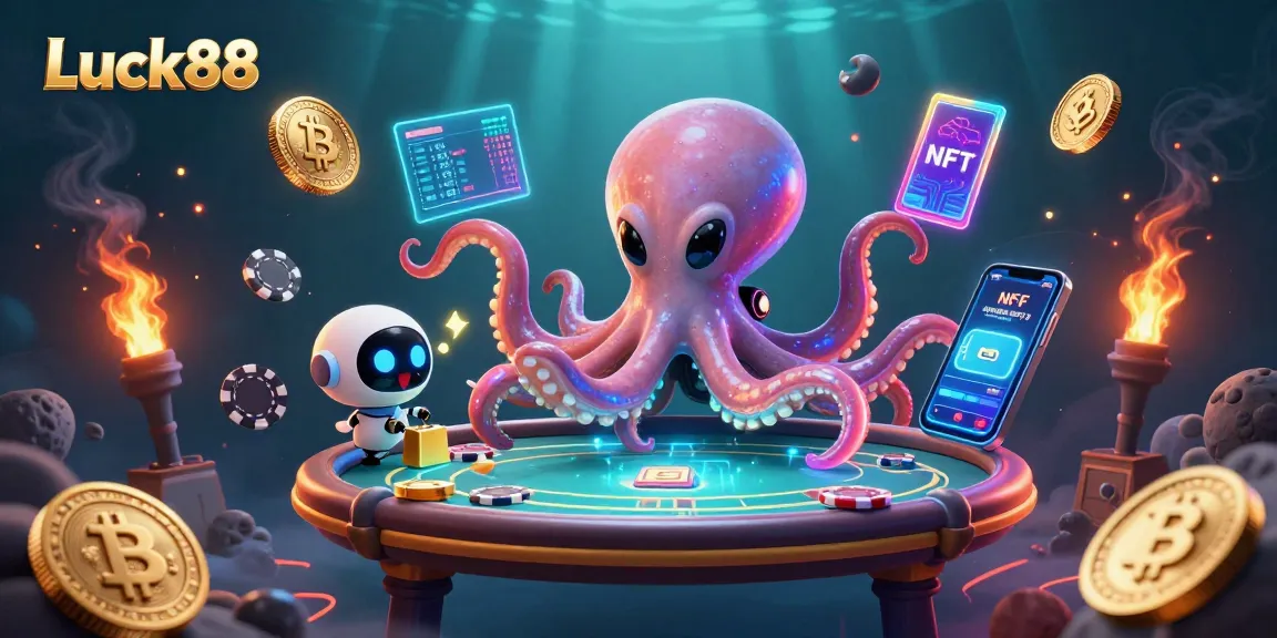 Spin the reels on Luck88 with a cosmic poker scene featuring an alien octopus and robot companion.