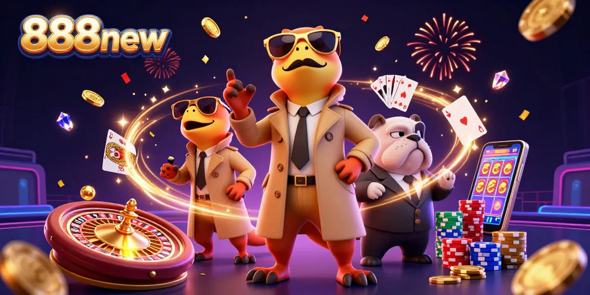 Experience the thrilling ambiance of 888new with vibrant casino elements and playful raptors in a trench coat.