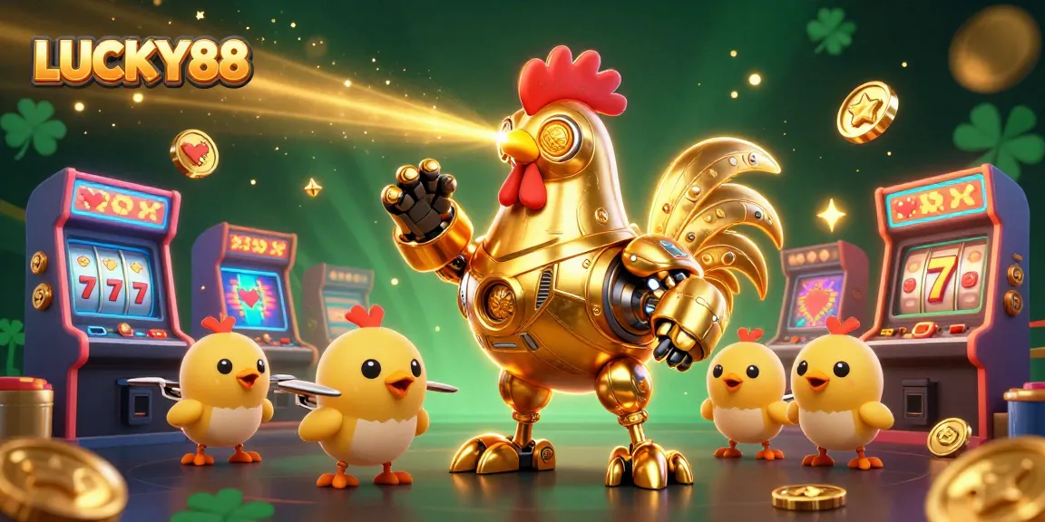 Experience LUCKY88 slot excitement with a vibrant 3D casino illustration featuring dynamic characters.