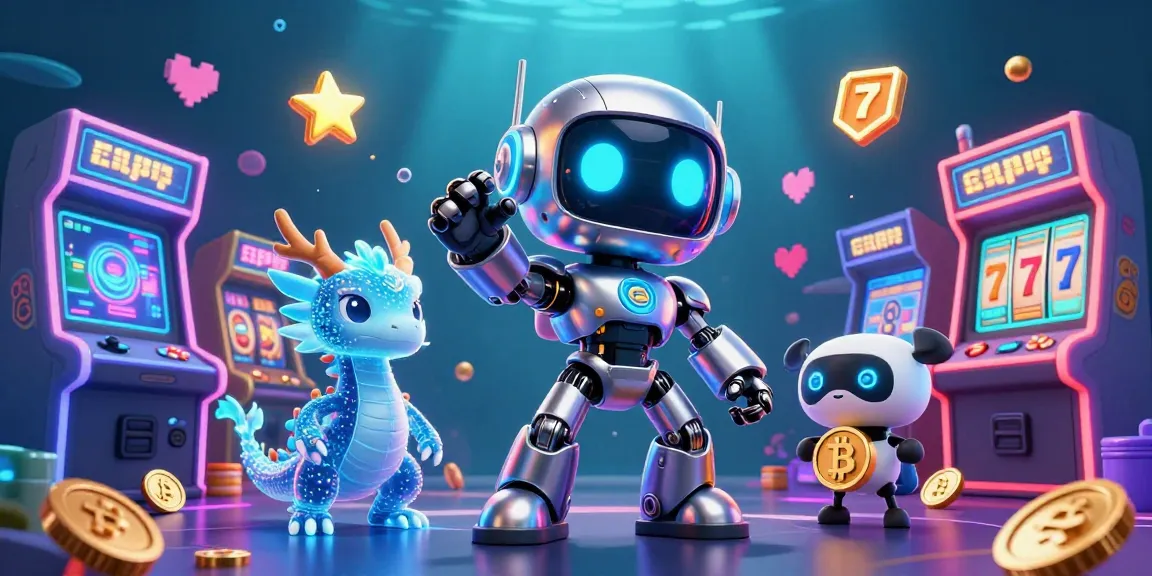Witness the excitement of OKFUN with a cyberpunk robot and AI companions in a vibrant casino-themed digital illustration.