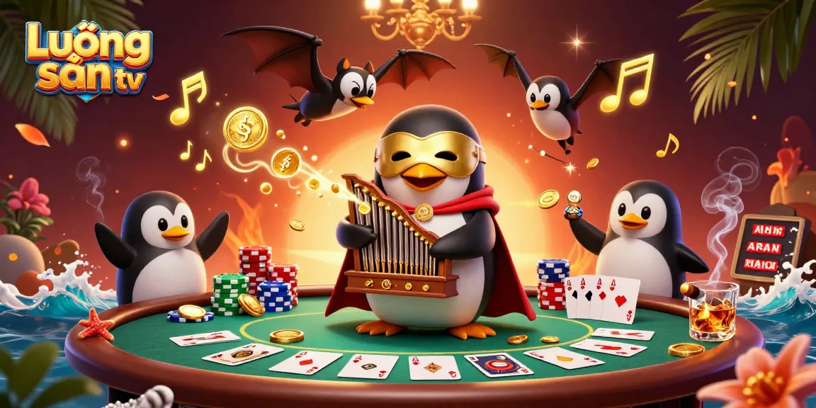 Lương sơn tv showcases a vibrant scene with a penguin playing the organ, golden coins, and a poker table.